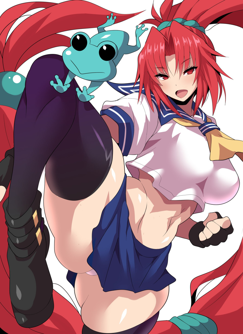 1girl :d absurdres ascot ass ass_visible_through_thighs asuka_120_percent black_gloves black_legwear blue_sailor_collar blue_skirt breasts eyebrows_visible_through_hair fingerless_gloves frog gloves highres konno_tohiro large_breasts leg_up long_hair looking_at_viewer midriff navel open_mouth panties pink_panties ponytail red_eyes redhead sailor_collar school_uniform shirt simple_background skirt smile thigh-highs thighs toyota_karina underwear very_long_hair white_background white_shirt yellow_ascot