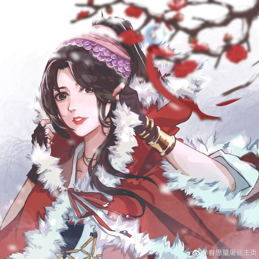 1girl blurry blurry_foreground branch face fingerless_gloves flower gloves hairband highres jacket juan_silang_tu_li_zhuye juan_siliang open_mouth red_jacket ribbon snow solo teeth tu_li_(juan_siliang) upper_body white_sky