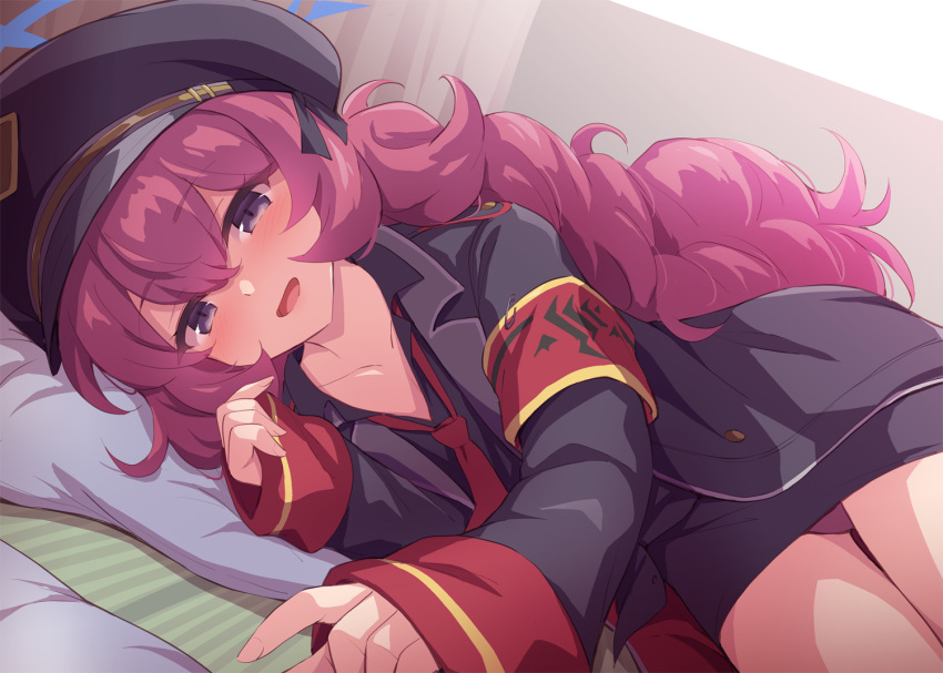 1girl armband bangs blue_archive blush breasts grey_eyes hat iroha_(blue_archive) long_hair long_sleeves looking_at_viewer lying marugoshi_(54burger) necktie on_side open_mouth peaked_cap red_necktie redhead smile solo wavy_hair