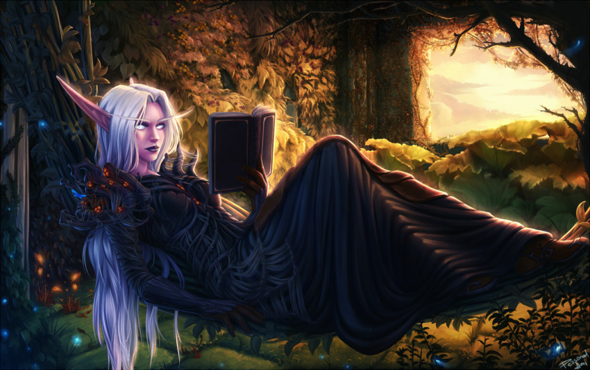 1girl black_dress book closed_mouth colored_skin commission dress druid_(warcraft) elf holding holding_book long_dress long_eyebrows long_hair long_pointy_ears lying night_elf_(warcraft) on_back personal_ami pink_skin pointy_ears reading solo very_long_hair warcraft white_eyes white_hair world_of_warcraft