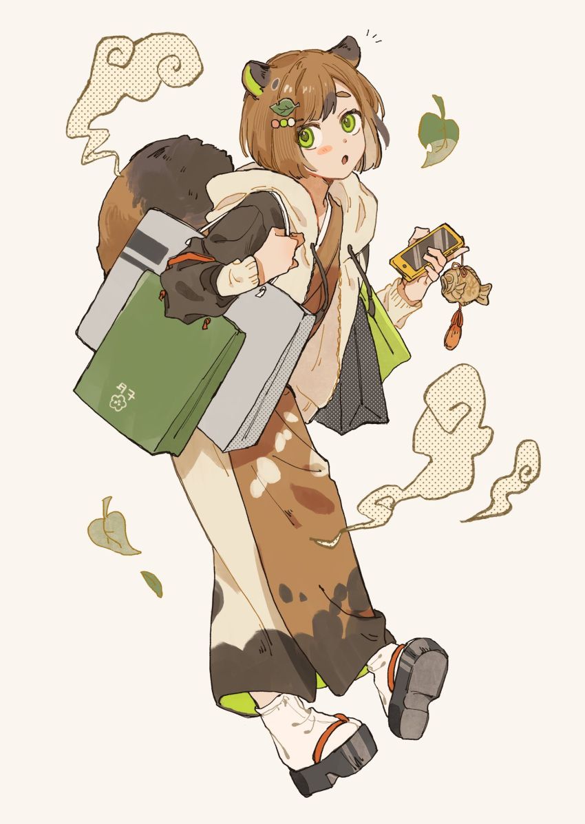 1girl animal_ears bag black_footwear brown_hair brown_jacket brown_kimono colored_tips dango_hair_ornament floating food food-themed_hair_ornament full_body geta green_eyes hair_ornament hairpin highres holding holding_bag holding_phone jacket japanese_clothes kimono leaf leaf_hair_ornament light_brown_background multicolored_hair nanataroo_7 notice_lines original phone raccoon_ears raccoon_girl raccoon_tail shopping_bag solo tail taiyaki wagashi white_footwear white_jacket whorled_clouds