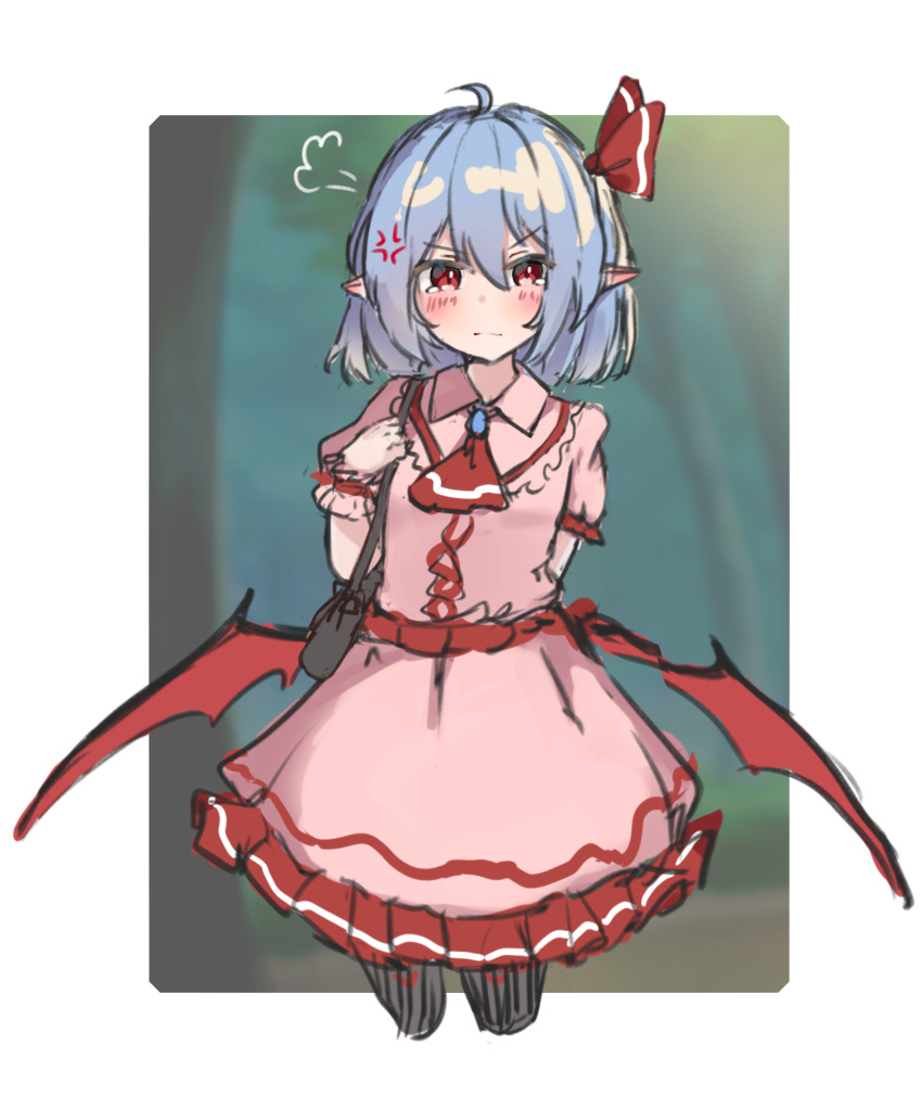 1girl ahoge anger_vein angry ascot bag bangs blue_hair blush dress ei_tantan eyebrows_visible_through_hair handbag highres jewelry long_dress looking_at_viewer outdoors over_shoulder pointy_ears red_ascot red_eyes remilia_scarlet sash short_hair solo tearing_up touhou upper_body vampire wings wrist_cuffs
