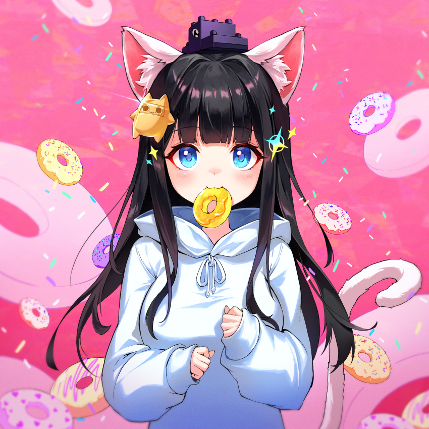 1girl absurdres animal_ear_fluff animal_ears bangs black_hair blue_eyes breasts cat_ears cat_girl cat_tail doughnut food food_in_mouth hair_ornament highres hood hood_down hoodie long_hair looking_at_viewer medium_breasts minj_kim mouth_hold original second-party_source sleeves_past_wrists solo tail upper_body white_hoodie