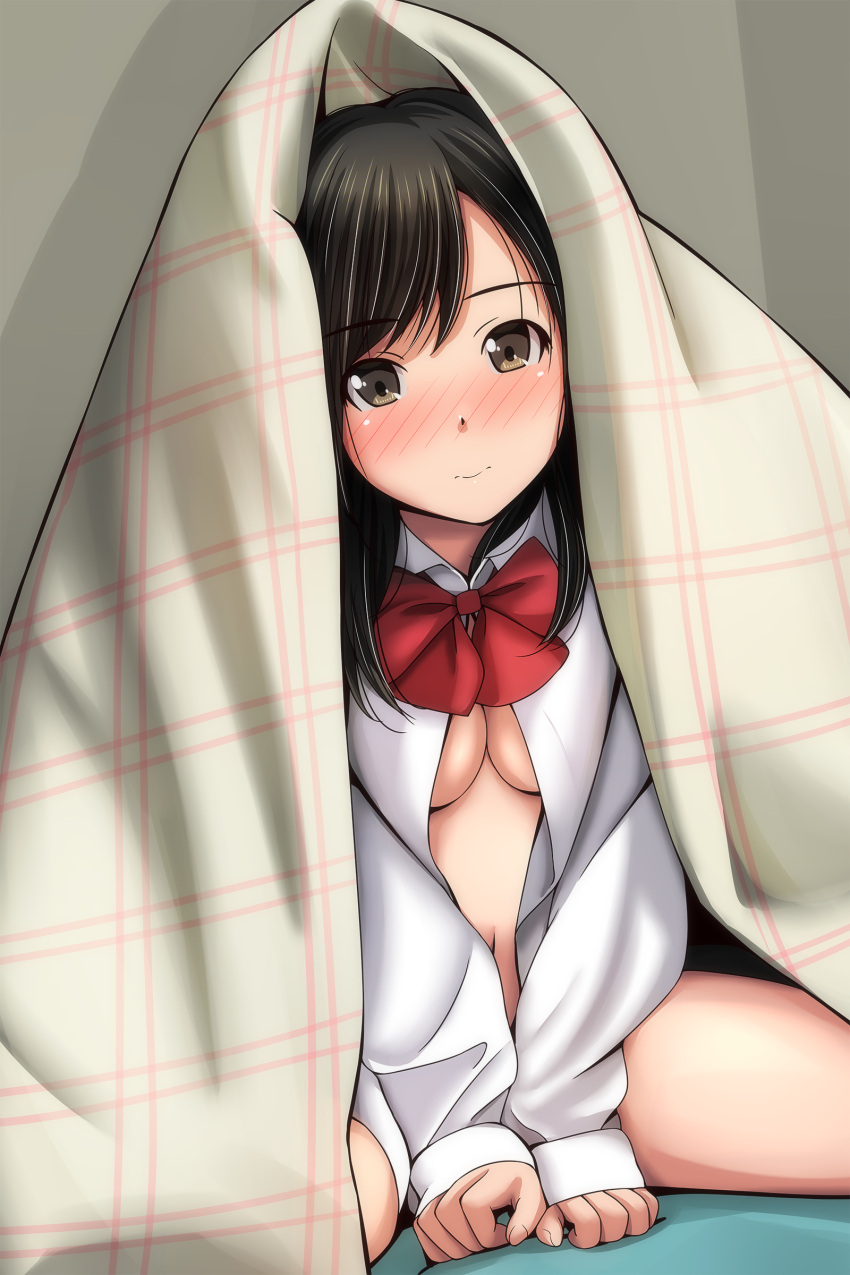 1girl absurdres bangs between_legs black_hair blanket blush bottomless bow breasts brown_eyes closed_mouth collared_shirt dress_shirt eyebrows_visible_through_hair hand_between_legs highres long_sleeves looking_at_viewer matsunaga_kouyou medium_breasts naked_shirt navel nose_blush open_clothes open_shirt original red_bow shirt sitting sleeves_past_wrists solo spread_legs white_shirt