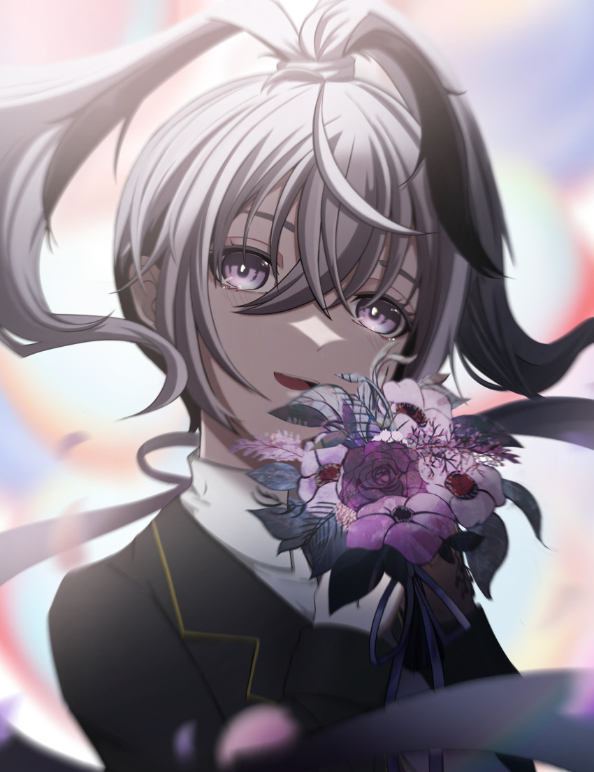 1girl absurdres black_jacket blurry blurry_background bouquet flower flower_(vocaloid) francium76 hands_up head_tilt high_ponytail highres holding holding_bouquet jacket long_hair looking_at_viewer multicolored_hair open_mouth purple_flower purple_hair shirt smile solo streaked_hair upper_body violet_eyes vocaloid white_hair white_shirt