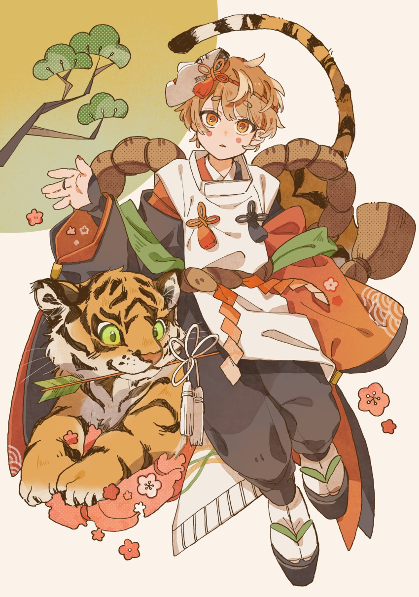 1boy animal arrow_(projectile) arrow_in_mouth brown_hair flower full_body geta head_tilt highres japanese_clothes jewelry light_brown_background looking_at_viewer mask mask_on_head mouth_hold nanataroo_7 noh_mask orange_eyes original petals ring rope shide shimenawa solo tiger