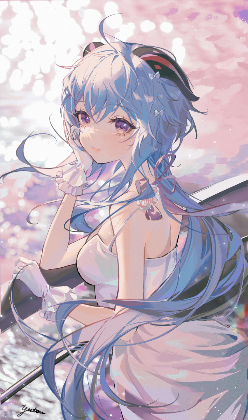 1girl absurdres bangs bare_shoulders blue_hair bow breasts dress frilled_gloves frills ganyu_(genshin_impact) genshin_impact gloves hair_bow highres horns long_hair looking_at_viewer purple_bow purple_ribbon revision ribbon smile solo sundress violet_eyes white_bow white_dress white_gloves yutou75