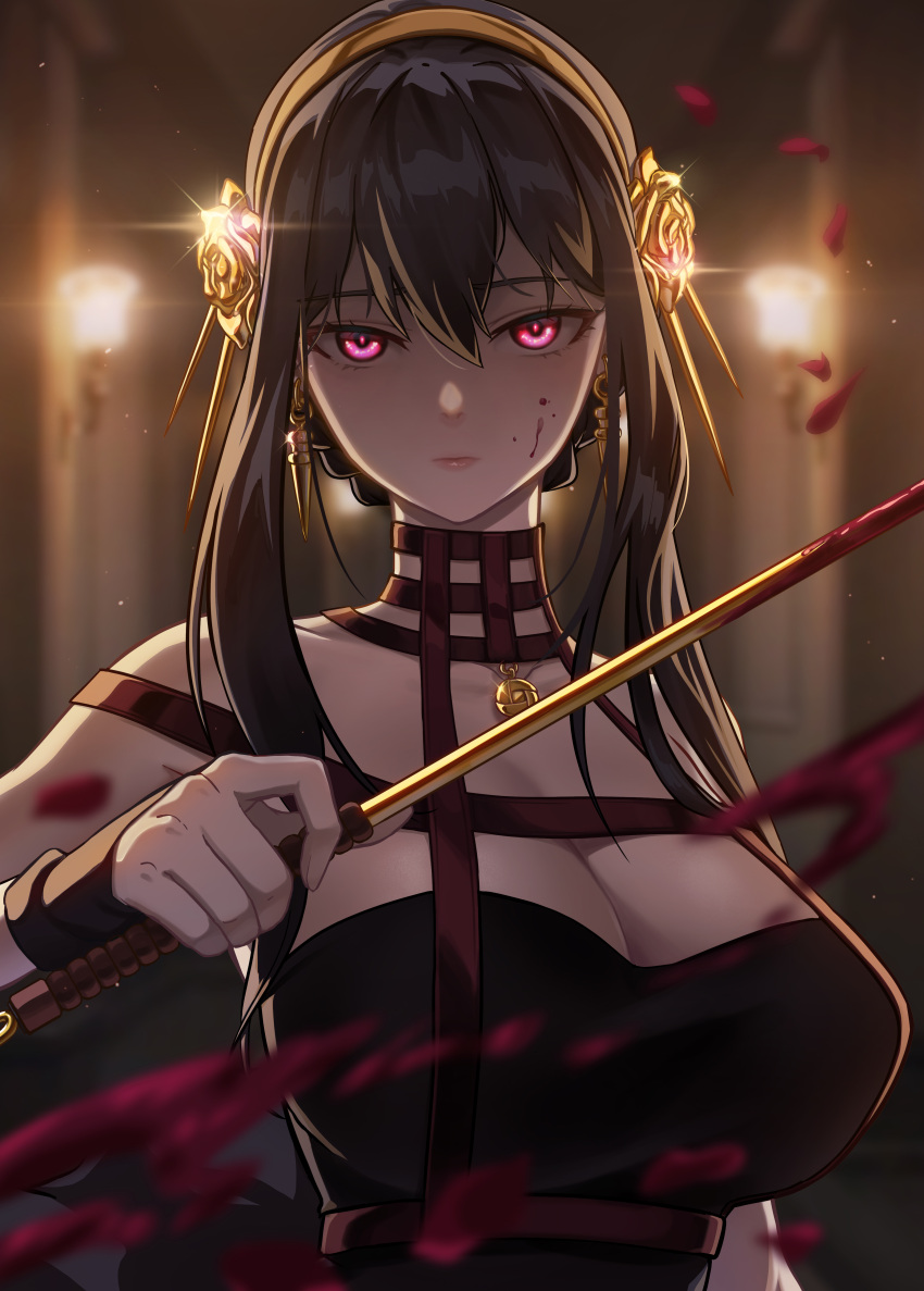 1girl absurdres bare_shoulders black_gloves black_hair blood blood_on_face blood_on_weapon blood_splatter breasts choker daekoo dagger dress dual_wielding earrings expressionless flower gloves hair_bun hair_flower hair_ornament half-closed_eyes highres holding holding_weapon jewelry knife large_breasts looking_at_viewer off-shoulder_dress off_shoulder red_eyes rose shiny sidelocks solo sparkle spy_x_family upper_body weapon yor_briar
