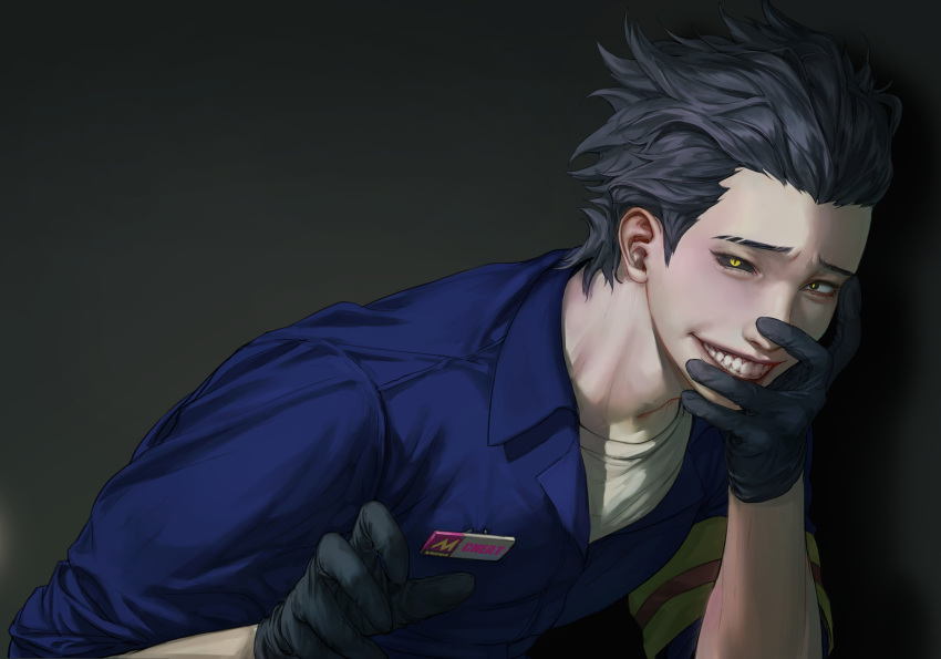 1boy absurdres black_eyes black_gloves black_hair black_sclera colored_sclera employee_uniform gloves hair_slicked_back hand_on_own_face heterochromia highres horror_(theme) id_card looking_at_viewer male_focus mongg_999 original slit_pupils smile solo teeth uniform upper_body yellow_eyes yellow_pupils