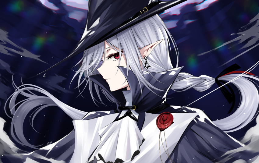 1girl anientte arknights artist_name ascot bangs black_coat black_headwear black_ribbon braid closed_mouth coat commentary earrings english_commentary gladiia_(arknights) hair_ribbon hat high_collar highres jewelry long_hair looking_at_viewer low-tied_long_hair low_ponytail pointy_ears red_eyes ribbon smile solo underwater upper_body white_ascot