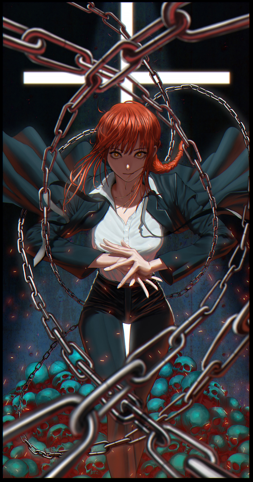 1girl absurdres bangs black_cat207 black_jacket black_pants black_suit blurry border braid chain chainsaw_man collared_shirt cross depth_of_field feet_out_of_frame formal highres jacket looking_at_viewer makima_(chainsaw_man) medium_hair open_clothes open_jacket own_hands_together pants pile_of_skulls redhead ringed_eyes shirt single_braid skull solo standing suit thigh_gap white_shirt yellow_eyes