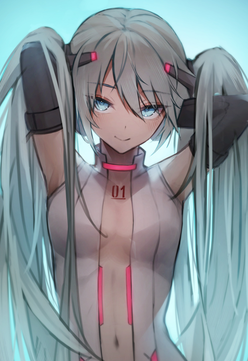 1girl absurdres akuto_(akuto_desu) aqua_eyes aqua_hair blush breasts breasts_apart chest_tattoo commentary cowboy_shot detached_sleeves hands_in_hair hatsune_miku highres light_blush long_hair looking_at_viewer medium_breasts miku_append navel smile solo tattoo twintails very_long_hair vocaloid vocaloid_append