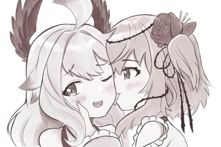 2girls :d ahoge blush brown_theme enna_alouette flower hair_flower hair_ornament head_wings heart heart_in_mouth highres licking licking_another's_cheek licking_another's_face long_hair monochrome multiple_girls nijisanji nijisanji_en one_eye_closed rose rosemi_lovelock simple_background smile telomere tongue tongue_out white_background yuri