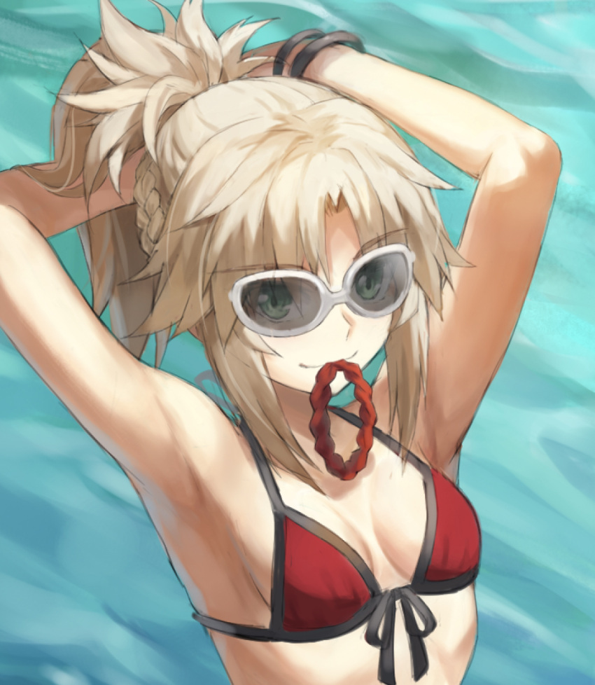 1girl armpits arms_behind_head arms_up bangs bare_shoulders bikini blonde_hair braid breasts collarbone fate/grand_order fate_(series) french_braid green_eyes hair_tie_in_mouth highres long_hair looking_at_viewer mordred_(fate) mordred_(swimsuit_rider)_(fate) mouth_hold parted_bangs ponytail red_bikini red_scrunchie scrunchie sidelocks small_breasts smile sunglasses swimsuit tonee tying_hair