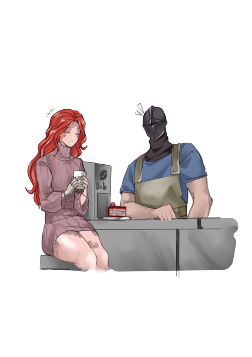 1boy 1girl absurdres apron blush breasts cake closed_mouth coffee coffee_mug cup elden_ring food helmet highres holding illip knight long_hair malenia_blade_of_miquella mechanical_arms mug prosthesis prosthetic_arm prosthetic_leg redhead single_mechanical_arm smile sweater tarnished_(elden_ring) very_long_hair