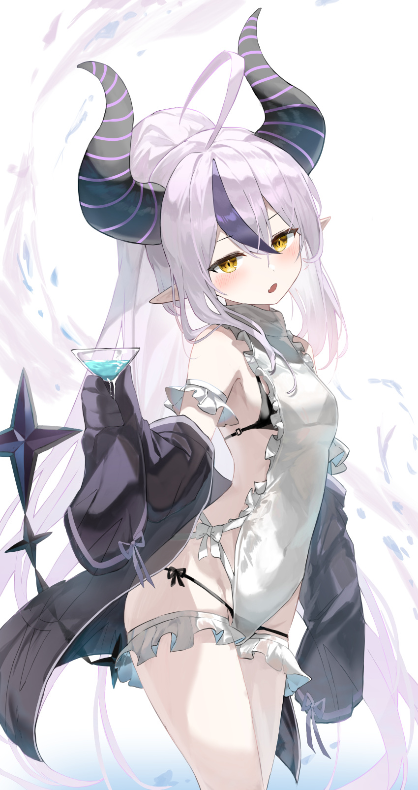 1girl :o absurdres ahoge bangs bare_shoulders bikini bikini_under_clothes black_bikini black_jacket blush cowboy_shot cup demon_horns drinking_glass flat_chest frilled_leotard frills from_side grey_hair hair_between_eyes highres holding holding_cup hololive horns jacket kabedoru la+_darknesss leotard long_hair looking_at_viewer multicolored_hair off_shoulder open_clothes open_jacket pointy_ears ponytail purple_hair sleeves_past_fingers sleeves_past_wrists solo standing streaked_hair swimsuit very_long_hair virtual_youtuber white_leotard yellow_eyes