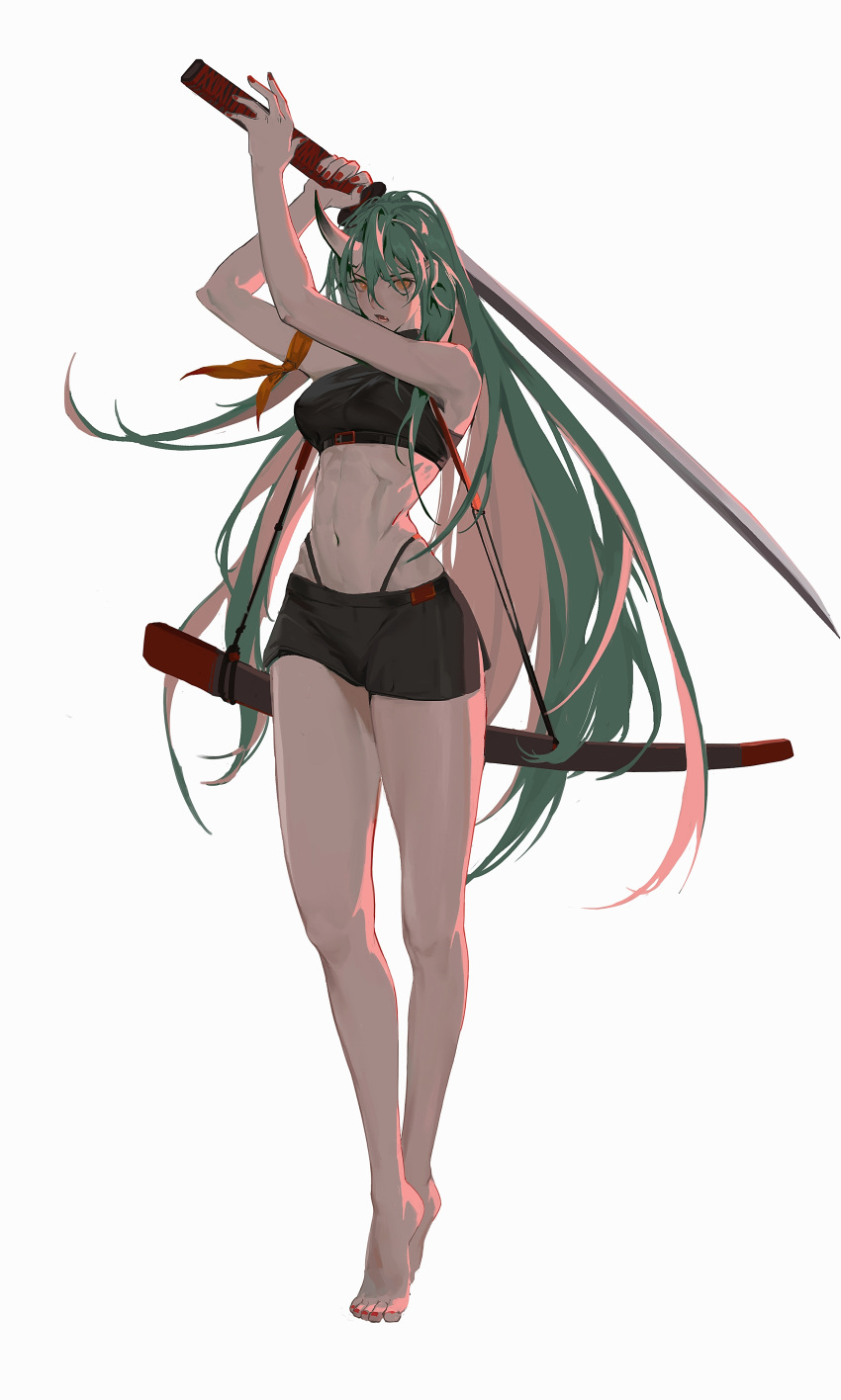 1girl absurdres arknights arms_up bangs bare_arms bare_legs bare_shoulders barefoot black_shirt black_shorts breasts crop_top full_body green_hair hair_between_eyes highleg highleg_panties highres holding holding_sword holding_weapon horns hoshiguma_(arknights) katana large_breasts long_hair looking_at_viewer midriff nail_polish navel open_mouth panties red_nails scabbard sheath shirt short_shorts shorts simple_background single_horn sleeveless sleeveless_shirt solo standing stomach sword thighs underwear very_long_hair weapon white_background yellow_eyes yuyumu