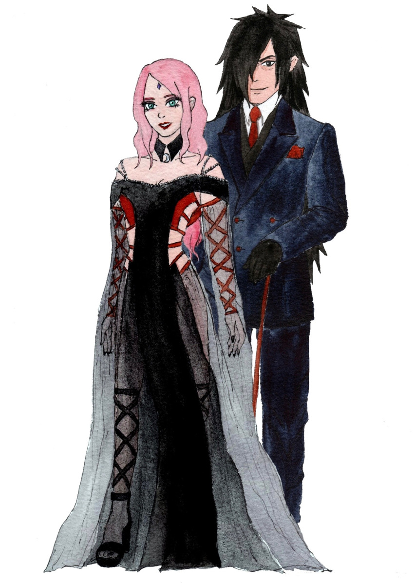 1boy 1girl black_hair couple haruno_sakura naruto naruto_(series) naruto_shippuuden pink_hair uchiha_madara