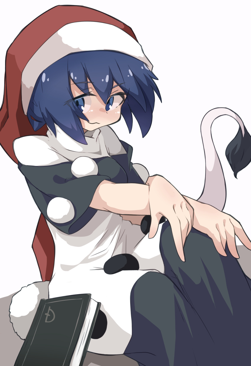 1girl :3 absurdres black_dress blue_eyes blue_hair blush book breasts closed_mouth commentary_request doremy_sweet dress feet_out_of_frame hat highres long_hair looking_at_viewer medium_breasts nightcap pom_pom_(clothes) red_headwear short_hair short_sleeves simple_background smile solo tail tapir_tail touhou two-tone_dress white_background white_dress yayuyoyayuyo