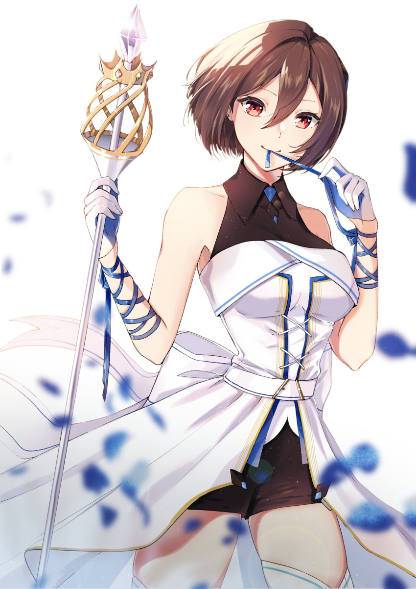 1girl blue_petals brown_eyes brown_hair dress hair_ornament highres holding holding_scepter holding_staff meiko meikopia mouth_hold petals ribbon ribbon_in_mouth scepter short_hair shorts smile solo staff thigh-highs vocaloid yen-mi