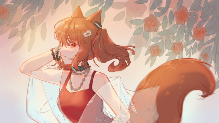 1girl angelina_(arknights) angelina_(summer_flowers)_(arknights) animal_ears arknights black_collar bow breasts brown_hair chain_necklace collar earpiece eyebrows_visible_through_hair flower fox_ears fox_girl fox_tail hair_between_eyes hair_ornament hairclip hand_up highres leaf lierenfelon long_hair looking_at_viewer official_alternate_costume red_bow red_eyes red_flower sarong see-through small_breasts solo tail tail_raised twintails upper_body white_sarong