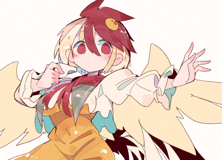 1girl animal_on_head bird bird_on_head blonde_hair blush breasts chick covered_navel dot_mouth dot_nose dress hair_between_eyes highres massakasama medium_breasts multicolored_hair neck_ribbon niwatari_kutaka on_head orange_dress red_eyes red_ribbon redhead ribbon short_hair simple_background solo touhou two-tone_hair upper_body whistle white_background wings