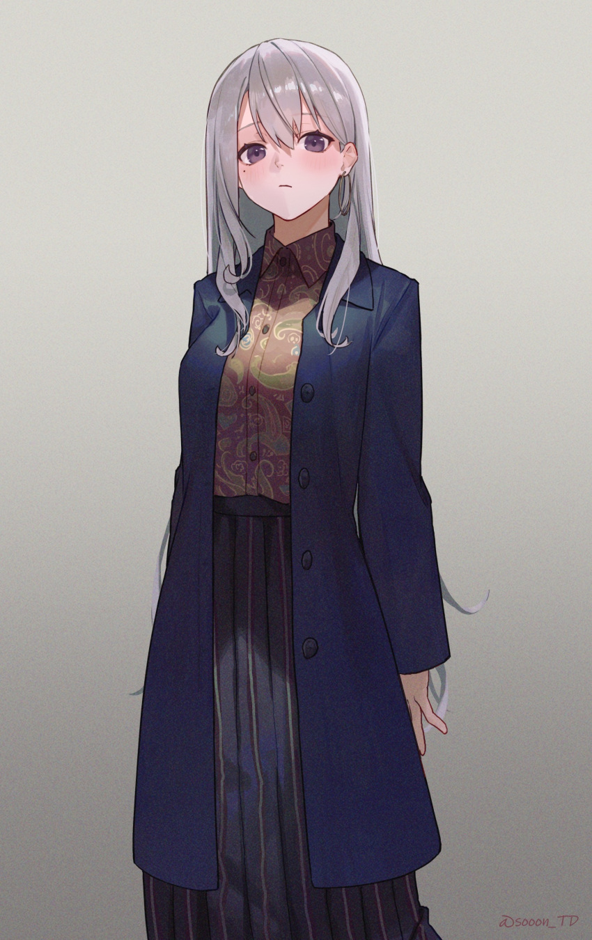 1girl absurdres bangs black_skirt blue_coat blush closed_mouth coat collared_shirt commentary earrings feet_out_of_frame gradient gradient_background grey_background grey_hair highres higuchi_kaede jewelry long_hair long_skirt long_sleeves looking_at_viewer mole mole_under_eye nijisanji open_clothes open_coat shirt skirt solo sooon twitter_username very_long_hair violet_eyes virtual_youtuber