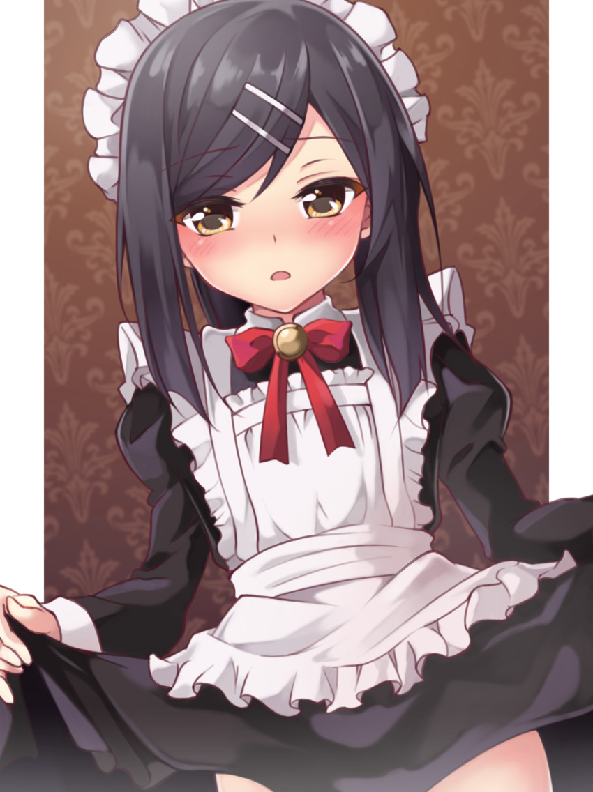 1girl alternate_costume apron bangs black_dress black_hair blush breasts brown_eyes dress enmaided fate/kaleid_liner_prisma_illya fate_(series) hair_ornament hairclip highres juliet_sleeves long_hair long_sleeves looking_at_viewer maid maid_headdress miyu_edelfelt mochi_(k620803n) open_mouth ponytail puffy_sleeves sidelocks small_breasts solo swept_bangs white_apron