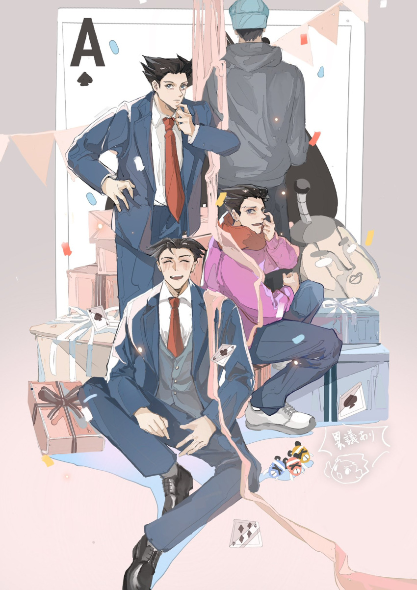 4boys ^_^ ^o^ ace_attorney ace_of_clubs ace_of_spades apollo_justice:_ace_attorney beanie black_hair card closed_eyes club_(shape) formal from_behind gift hat highres hood hoodie male_focus multiple_boys multiple_persona phoenix_wright ribbon scarf spade_(shape) spiky_hair steel_samurai suit time_paradox turquoise_mika