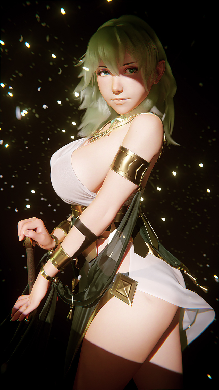 1girl 3d armlet blender_(medium) bracelet breasts byleth_(fire_emblem) byleth_eisner_(female) dancer_(three_houses) dark_background fire_emblem fire_emblem:_three_houses green_hair highres j9006 jewelry large_breasts light_particles looking_at_viewer medium_hair necklace official_alternate_costume pommel shade shawl sideboob solo sword thighs weapon
