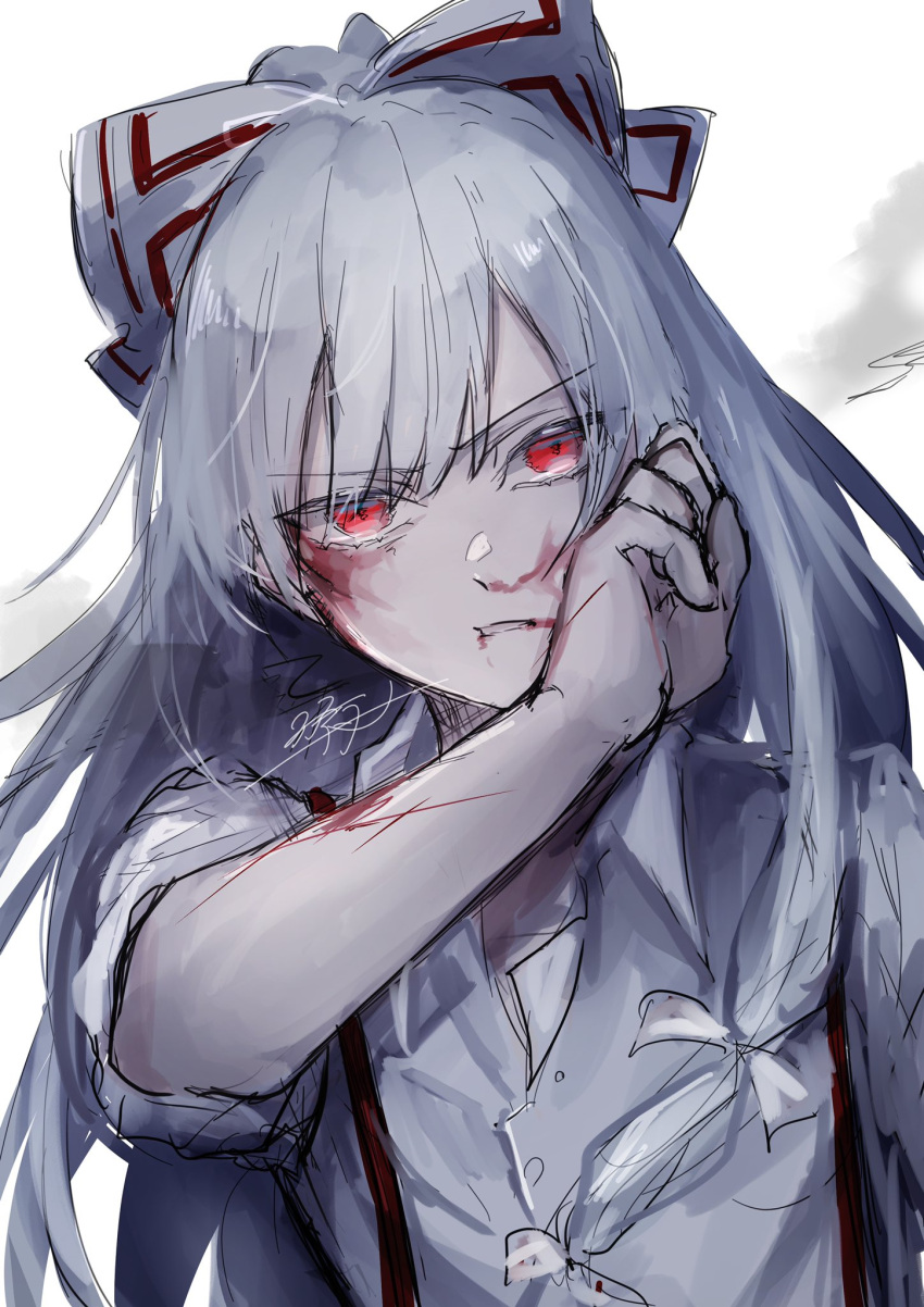 1girl bangs blood blood_from_mouth blood_on_arm blood_on_face bow collared_shirt commentary fujiwara_no_mokou hair_bow highres long_hair looking_at_viewer nosebleed red_eyes rokuya_(68_zusao) shirt signature solo suspenders touhou upper_body v-shaped_eyebrows white_bow white_hair white_shirt wiping_mouth