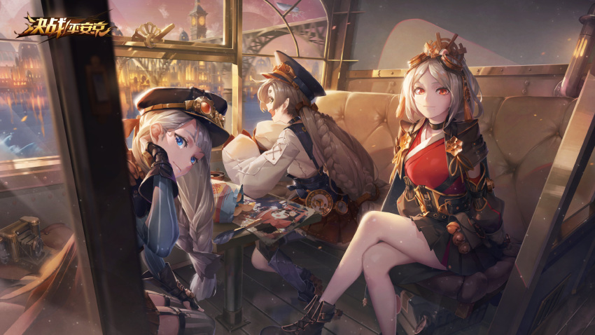 3girls :d bag_of_chips baraba_baba bell black_footwear black_skirt blue_eyes braid brown_hair camera character_request chin_(onmyoji) chinese_clothes crossed_legs garter_straps gears goggles goggles_on_head highres jingle_bell long_hair long_sleeves multiple_girls onmyoji onmyouji pointy_ears quill red_eyes red_skirt sitting skirt smile steampunk striped striped_legwear table thick_eyebrows tiaotiaomeimei train_interior very_long_hair watch watermark white_hair wide_sleeves window