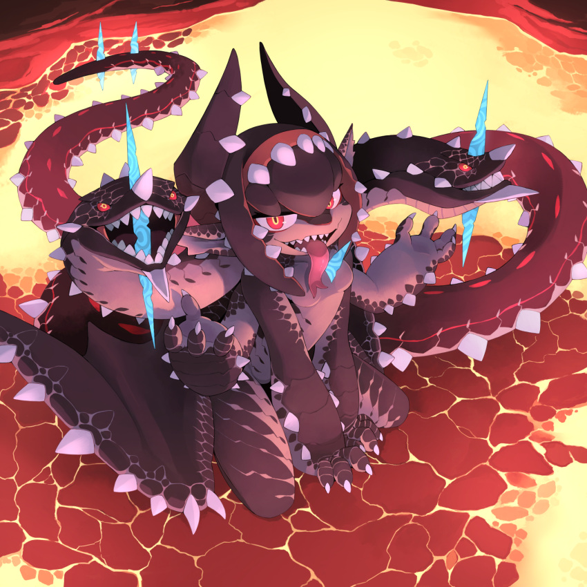 1girl bad_perspective between_legs black_skin claws colored_sclera colored_skin extra_arms fangs forked_tongue full_body hand_between_legs hand_up highres horns kamukamu6392 kneeling living_hair long_tail looking_at_viewer molten_rock monster_girl multicolored_eyes multicolored_skin multiple_heads open_mouth original oversized_limbs pointy_ears red_eyes red_sclera red_skin scales sharp_teeth skin_fangs slit_pupils solo tail teeth tongue tongue_out wings yellow_eyes