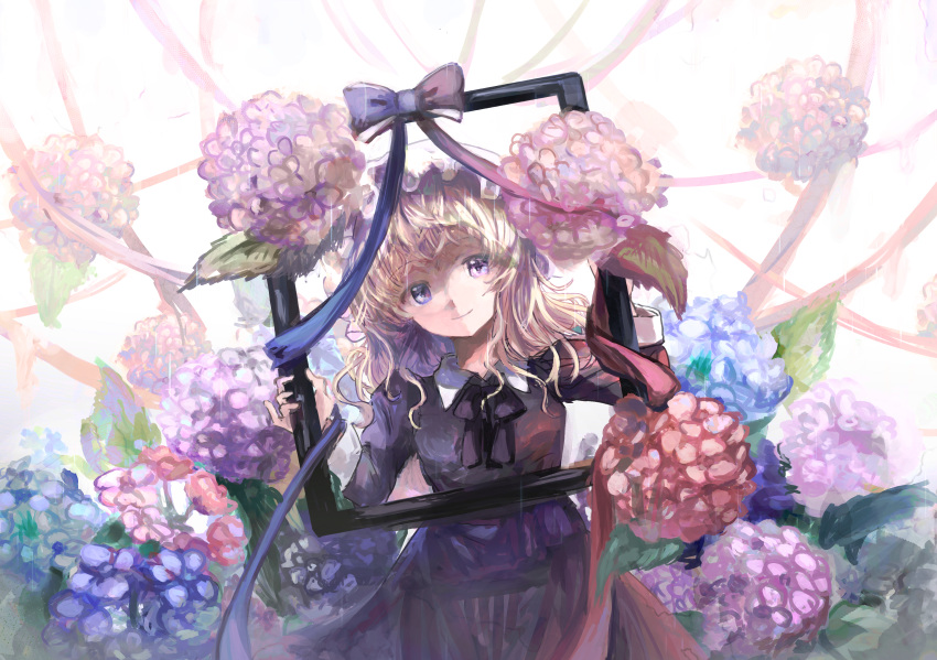 1girl absurdres black_neckerchief blonde_hair blue_flower bow closed_mouth collared_dress commentary dress empty_picture_frame flower hands_up hat head_tilt highres holding_frame hydrangea leaf long_sleeves maribel_hearn medium_hair minus_(sr_mineka) mob_cap neckerchief picture_frame purple_bow purple_dress purple_flower red_flower sleeve_cuffs smile solo touhou upper_body wavy_hair white_headwear