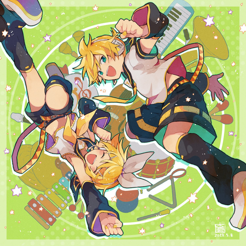 1boy 1girl :d ^_^ ^o^ blonde_hair blue_eyes bow clenched_hands closed_eyes detached_sleeves hair_bow hana_(mew) hand_up highres instrument kagamine_len kagamine_rin musical_note short_hair short_sleeves shorts smile trombone upside-down vocaloid