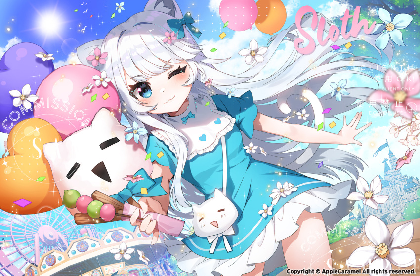 1girl ;3 animal_ears apple_caramel bangs blue_dress blue_eyes blue_flower blue_sky blush carousel cat_ears cat_girl cat_tail closed_mouth clouds cloudy_sky commentary_request day dress eyebrows_visible_through_hair ferris_wheel flower frilled_dress frills grey_hair hair_flower hair_ornament highres long_hair looking_at_viewer one_eye_closed original outdoors pink_flower short_sleeves sky solo sun tail very_long_hair watermark white_flower