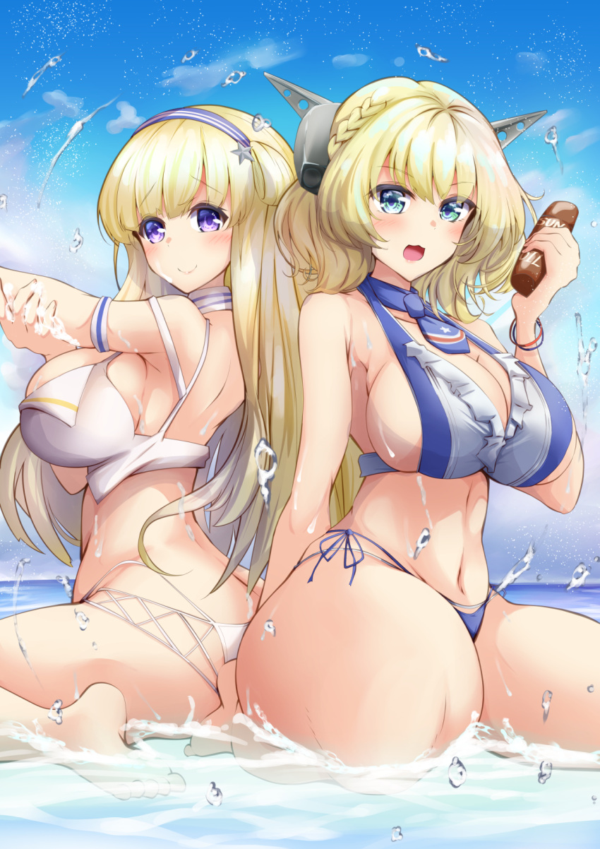 ass back-to-back bikini blonde_hair blue_eyes blue_sky breasts colorado_(kancolle) fletcher_(kancolle) hair_ornament headgear highres kantai_collection large_breasts long_hair navel pulumelo short_hair sitting sky smile star_(symbol) star_hair_ornament swimsuit violet_eyes wariza water