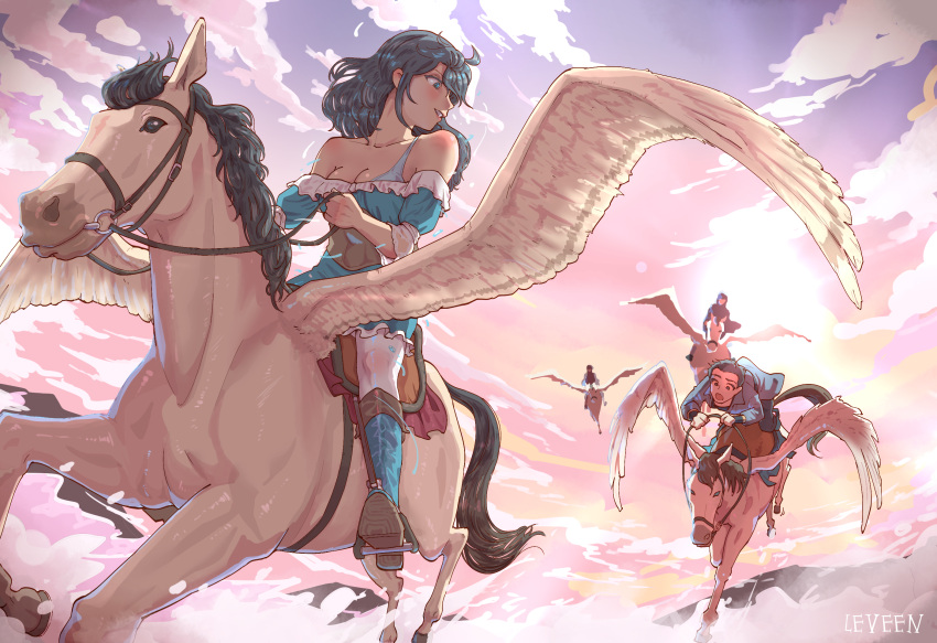 1boy 1girl 2others black_hair blue_eyes breasts clouds dress feathered_wings flying highres horse leveen long_hair looking_at_another looking_back multiple_others original pegasus pegasus_wings riding scenery short_hair sky sleeveless sleeveless_dress smile sunset uniform wings