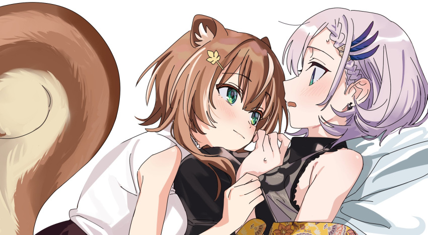 2girls animal_ears ayunda_risu bangs bare_shoulders blush braid collared_shirt earrings eye_contact eyebrows_visible_through_hair face-to-face green_eyes hair_between_eyes highres hololive hololive_indonesia jewelry looking_at_another lying lying_on_person multicolored_hair multiple_girls on_side open_mouth pavolia_reine purple_hair shirt short_hair single_braid sleeveless sleeveless_shirt smile squirrel_ears squirrel_girl squirrel_tail streaked_hair sweat tail upper_body white_background white_hair white_shirt yomosaka yuri