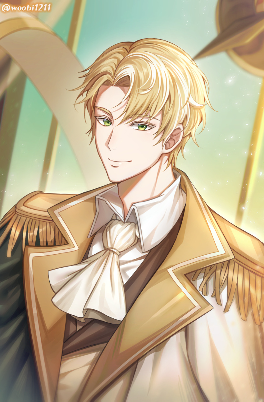 1boy artist_name ascot blonde_hair clotted_cream_cookie cookie_run epaulettes green_eyes highres looking_at_viewer male_focus smile solo twitter_username ubi_(ekdus6080) upper_body white_ascot