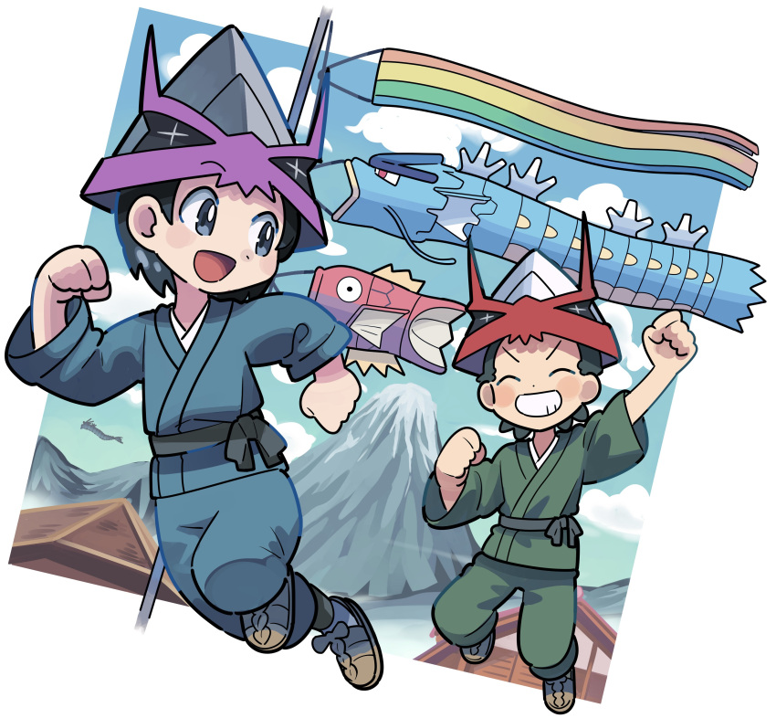 2boys :d absurdres arm_up black_hair blush_stickers border brown_footwear clenched_hands closed_eyes clouds commentary_request day golisopod grey_eyes grin gyarados highres koinobori magikarp male_focus mountain multiple_boys open_mouth outdoors pokemon running sash shoes short_hair sky smile sutokame teeth tongue white_border