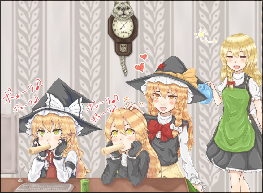 4girls apron azusa_(cookie) bangs black_coat black_headwear black_vest blonde_hair blush bow bowtie braid brown_eyes chikuwa clock closed_eyes coat commentary_request cookie_(touhou) crossed_bangs food food_in_mouth frilled_hat frills gloves green_apron green_eyes haiperion_buzan hair_between_eyes hand_on_another's_head hat heart highres keyboard_(computer) kirisame_marisa kit-cat_clock long_hair long_sleeves manatsu_no_yo_no_inmu mars_(cookie) miura_cat monitor multiple_girls open_mouth partially_fingerless_gloves red_bow red_bowtie red_scarf rei_(cookie) scarf shirt side_braid single_braid smile table touhou translation_request turtleneck upper_body uzuki_(cookie) vest white_bow white_shirt witch_hat yellow_eyes