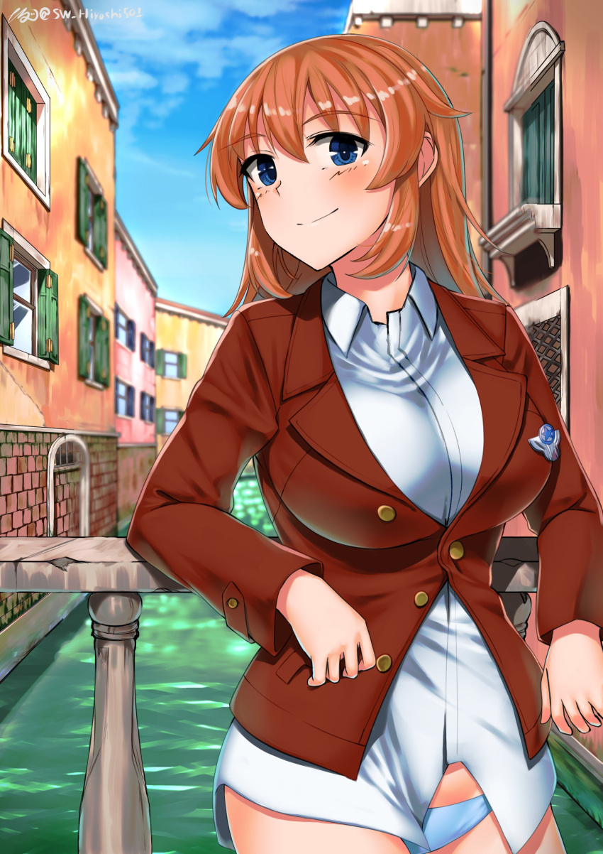 1girl absurdres blazer blue_eyes blush breasts charlotte_e._yeager closed_mouth eyebrows_visible_through_hair highres hiroshi_(hunter-of-kct) jacket large_breasts long_hair looking_at_viewer orange_hair outdoors panties red_jacket shiny shiny_hair shiny_skin shirt smile solo strike_witches underwear white_panties white_shirt world_witches_series