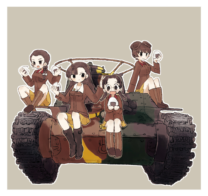 4girls :t absurdres asymmetrical_bangs bangs black_eyes black_footwear black_hair boots braid braided_ponytail brown_footwear brown_hair brown_jacket chi-hatan_military_uniform closed_mouth commentary eating food fukuda_haru girls_und_panzer glasses grey_background ground_vehicle hair_over_shoulder hair_pulled_back hair_ribbon hair_rings hand_on_another's_head highres holding holding_food hosomi_shizuko jacket knee_boots long_hair long_sleeves looking_at_viewer low_twintails military military_uniform military_vehicle miniskirt motor_vehicle multiple_girls nishi_kinuyo on_vehicle onigiri open_mouth outline pleated_skirt ri_(qrcode) ribbon rimless_eyewear round_eyewear short_hair simple_background single_braid sitting skirt smile star_(symbol) straight_hair tamada_tamaki tank twin_braids twintails type_97_chi-ha uniform white_outline white_ribbon yellow_skirt