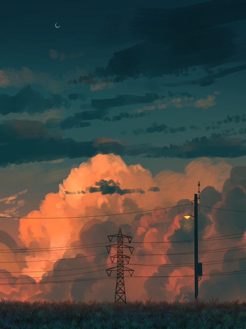 absurdres clouds commentary_request crescent_moon cumulonimbus_cloud evening grass highres lamppost moon no_humans original outdoors power_lines scenery shuu_illust sky transmission_tower utility_pole
