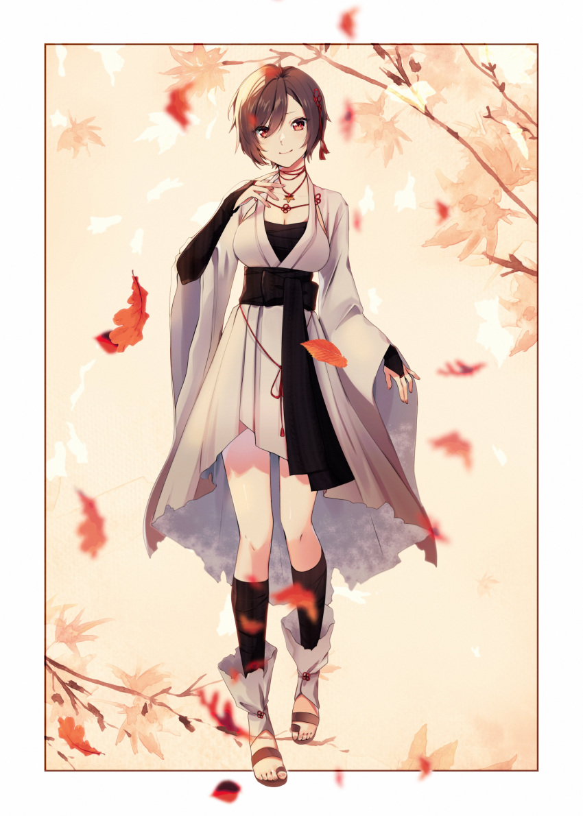 1girl absurdres autumn autumn_leaves brown_eyes brown_hair hand_up highres japanese_clothes jewelry meiko necklace sandals short_hair smile solo tsugai_kogarashi_(vocaloid) vocaloid yen-mi