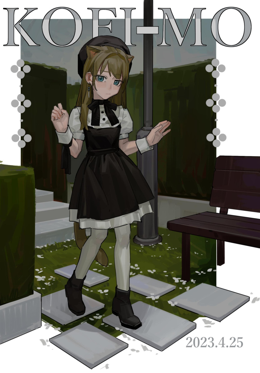 1girl :/ animal_ears ankle_boots artist_name bench beret black_dress black_footwear black_headwear black_ribbon blue_eyes boots brown_hair bush cat_ears dated dress earrings faux_figurine frown full_body grass hands_up hat highres jewelry kofi-mo long_hair neck_ribbon original pantyhose puffy_short_sleeves puffy_sleeves ribbon short_sleeves solo stepping_stones walking white_background white_pantyhose wrist_cuffs