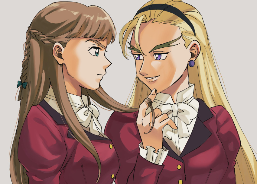 2girls blonde_hair bow braid brown_hair crown_braid dorothy_catalonia earrings green_eyes gundam gundam_wing hairband highres holding_another's_hair jacket jewelry lips long_hair long_sleeves looking_at_another multiple_girls parted_lips red_jacket relena_peacecraft school_uniform shirt smile tommmmieee upper_body violet_eyes white_bow white_shirt