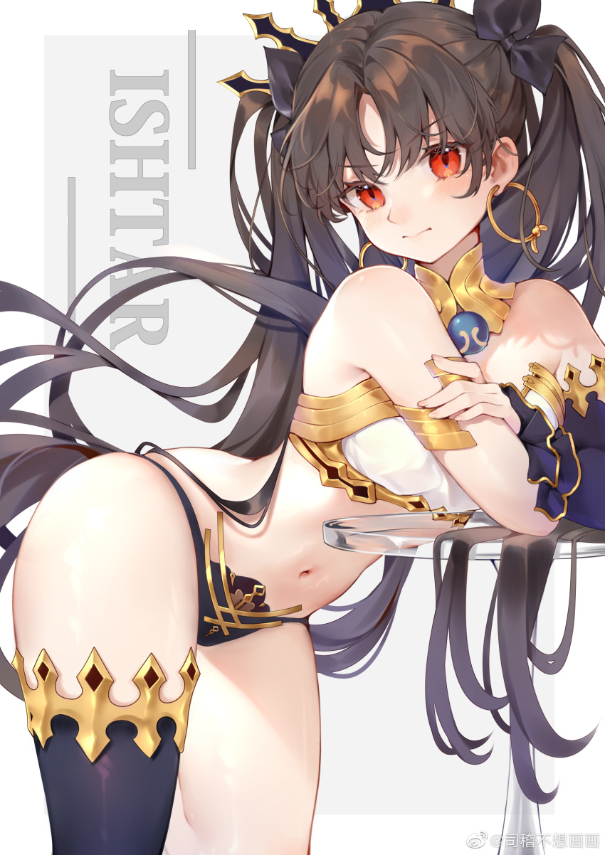 1girl bangs black_legwear black_panties black_ribbon blush bra breasts brown_hair character_name closed_mouth cowboy_shot crossed_arms detached_sleeves earrings eyebrows_visible_through_hair fate/grand_order fate_(series) from_side glass_table hair_ribbon highres hoop_earrings ishtar_(fate) jewelry leaning_forward long_hair long_sleeves looking_at_viewer looking_to_the_side medium_breasts moriyama_meiko navel neck_ring panties red_eyes ribbon simple_background single_thighhigh solo stomach table thigh-highs two_side_up underwear very_long_hair white_bra