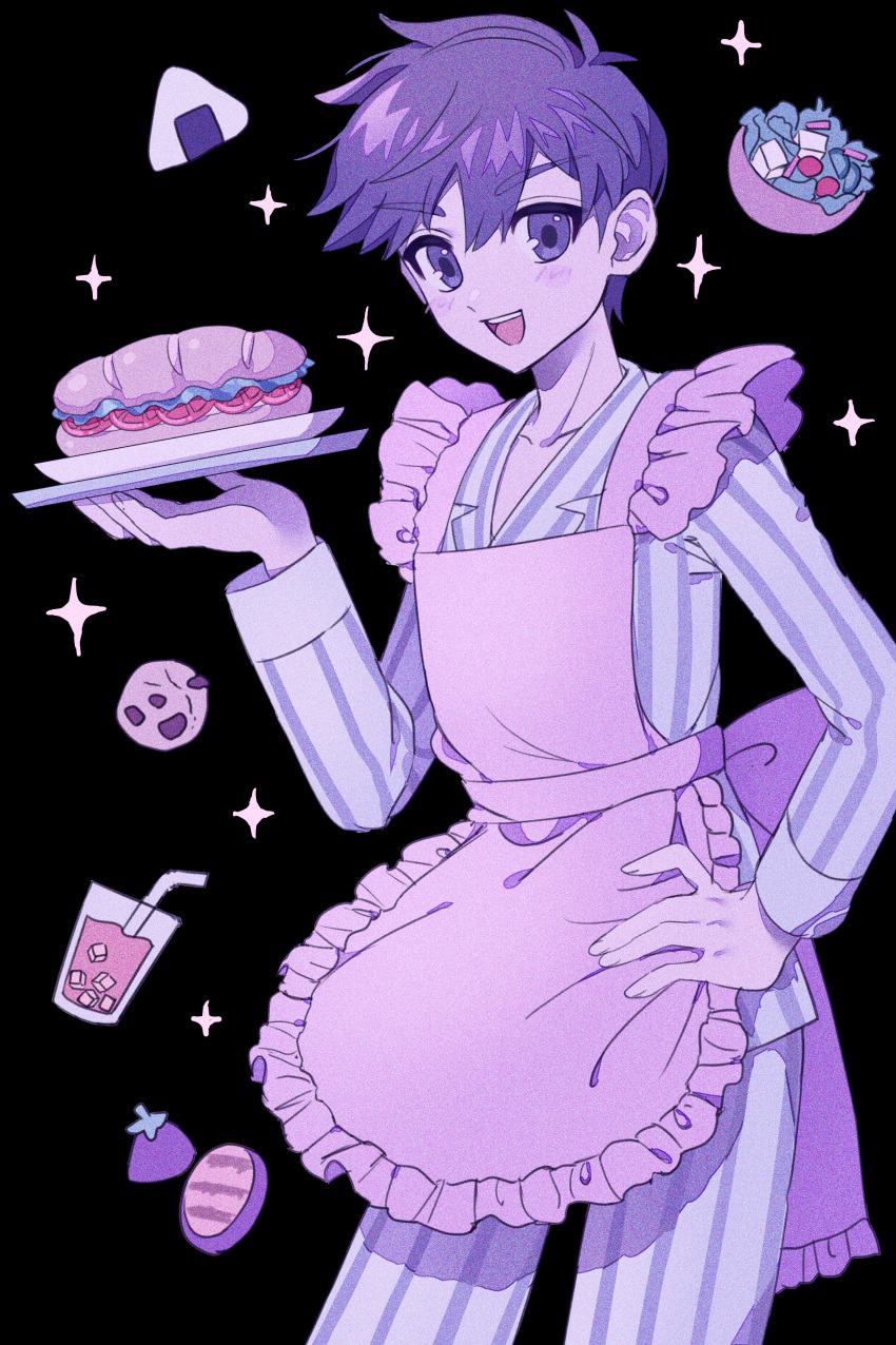 1boy :d absurdres apron back_bow bangs blue_eyes blue_hair blush_stickers bow collarbone cookie drink eggplant eyebrows food frills hand_on_hip hero_(omori) highres holding holding_tray long_sleeves looking_at_viewer male_focus mntimccz omori onigiri open_mouth pajamas salad sandwich short_hair smile solo sparkle striped striped_pajamas tray v-shaped_eyebrows